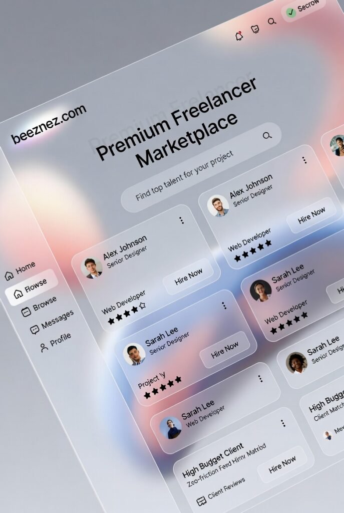 beeznez.com is the elegant, modern platform where top freelancers meet high-budget clients. Its glassmorphism aesthetic, secure escrow payments, stunning profile builder, and zero-friction hiring process set it apart from every other marketplace.