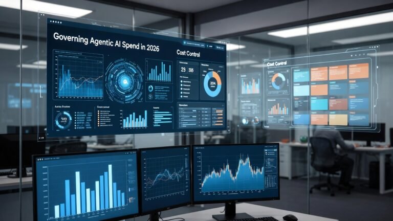 Modern office workspace with glass walls and multiple computer monitors displaying data analytics; a large central screen shows 'Governing Agentic AI Spend in 2026' with bar graphs, line charts, pie charts, and cost control dashboards; a person is seated at a desk monitoring the screens in a dimly lit, professional environment.