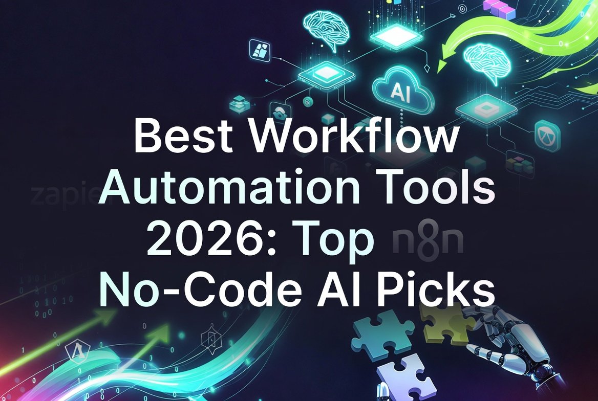 Best Workflow Automation Tools 2026: Top No-Code AI Picks – Futuristic 2026 hero banner showing glowing AI neural networks, connected workflow nodes, neon arrows, robotic hands assembling puzzle pieces, and subtle Zapier & n8n logos on a dark cyber gradient background.