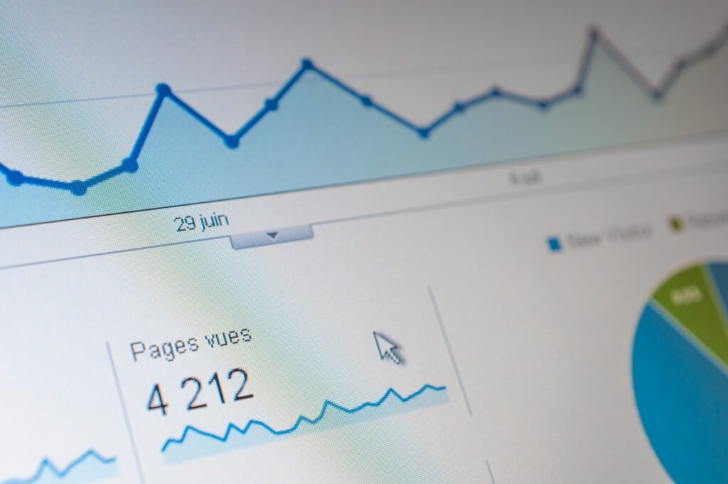 Computer screen with a graph representing AI keyword research
