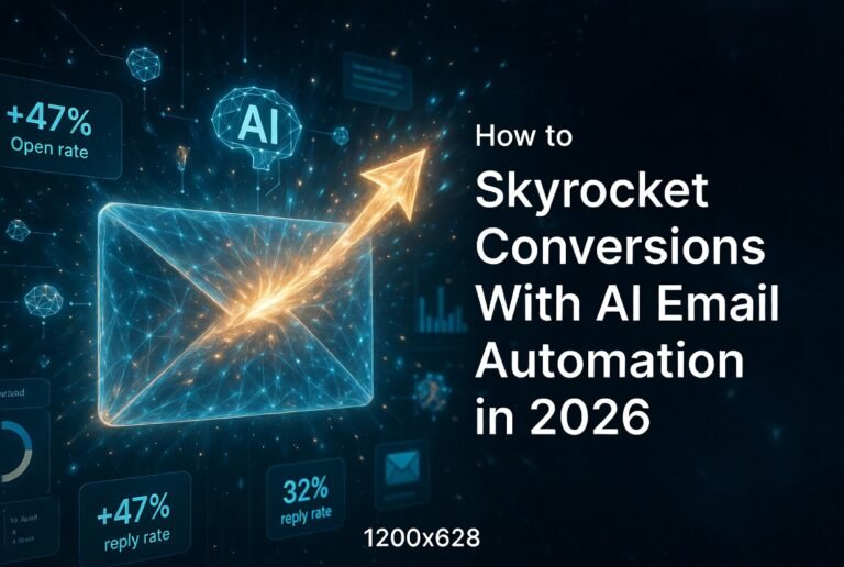 AI email automation hero concept showing a glowing blue digital envelope with golden upward arrow exploding out, AI neural network particles, and performance metrics +47% open rate and +32% reply rate. Text overlay: How to Skyrocket Conversions With AI Email Automation in 2026. Futuristic B2B marketing visual for 2026.
