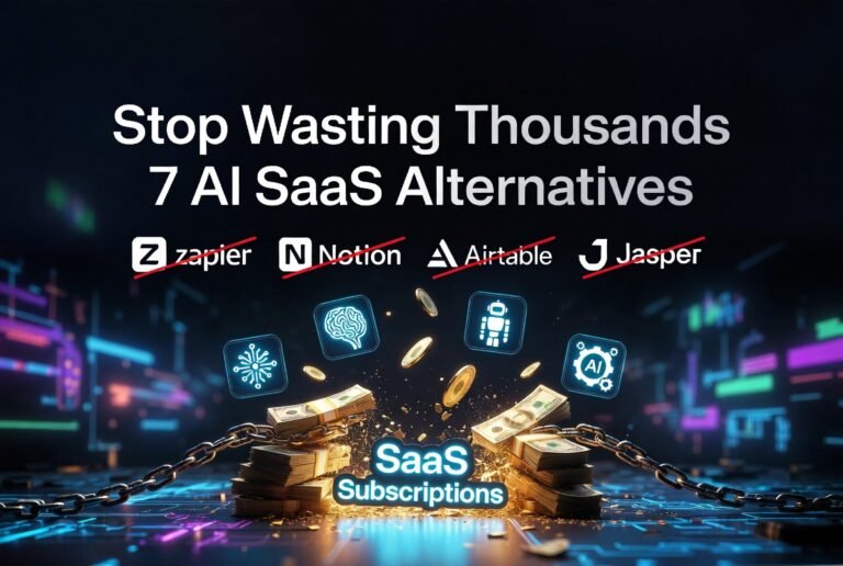 Stop Wasting Thousands: 7 AI SaaS Alternatives - Modern tech illustration showing broken chains on expensive SaaS subscriptions (Zapier, Notion, Airtable, Jasper) being replaced by glowing AI tools and flying money, representing cost savings and business automation in 2026