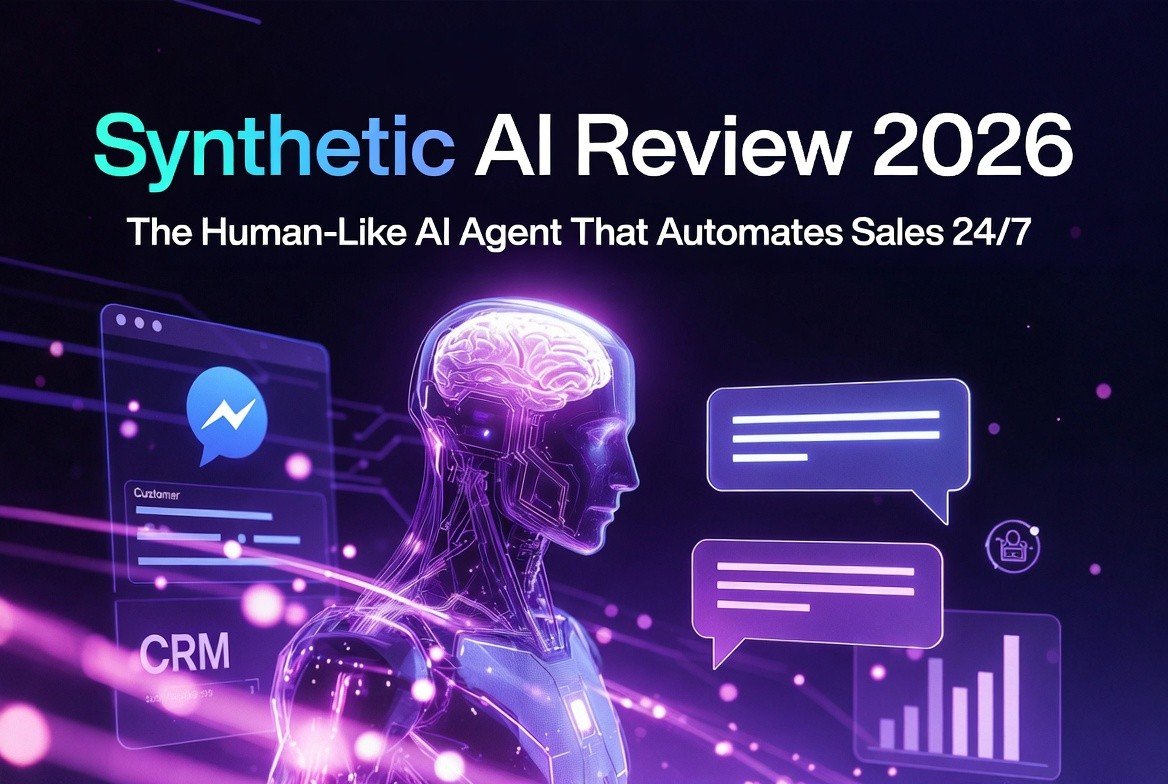 Synthetic AI Review 2026 - Futuristic AI agent automating human-like conversations and sales on Messenger and websites