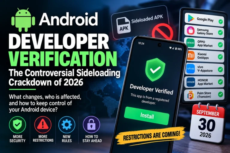 Android Developer Verification 2026 showing a smartphone with verified app status, sideloading restrictions, major Android app stores, and September 30 enforcement date.