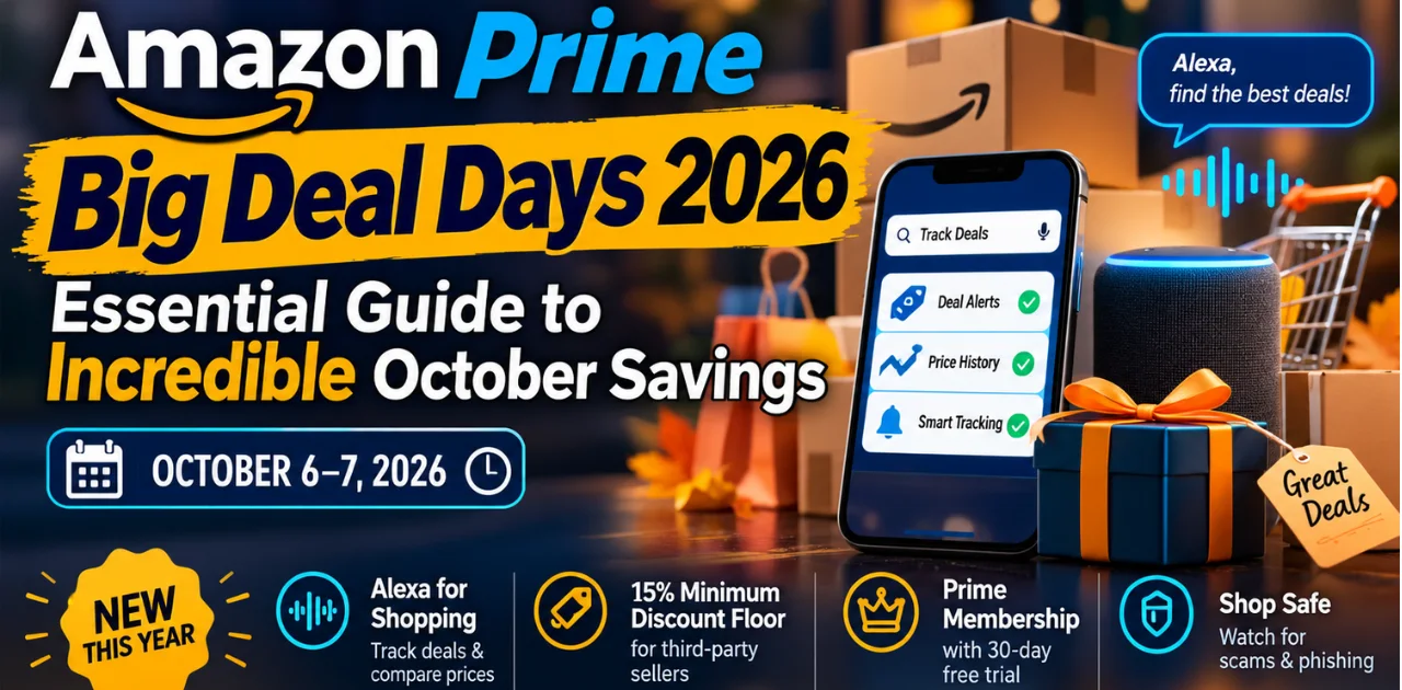 Amazon Prime Big Deal Days 2026 banner featuring October 6–7 dates, incredible October savings, Alexa for Shopping, a 15% minimum discount floor, Prime membership, and scam-safety reminders.