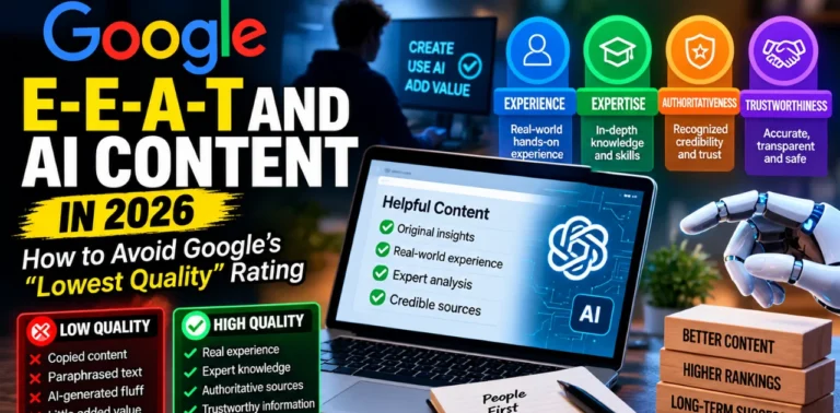 E-E-A-T and AI content in 2026, showing Google's Lowest Quality rating, AI-generated content, and the four pillars of Experience, Expertise, Authoritativeness, and Trustworthiness.