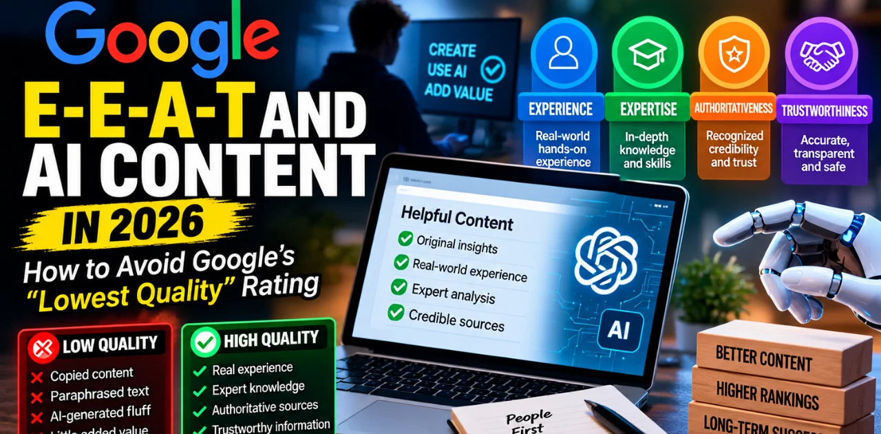 E-E-A-T and AI content in 2026, showing Google's Lowest Quality rating, AI-generated content, and the four pillars of Experience, Expertise, Authoritativeness, and Trustworthiness.