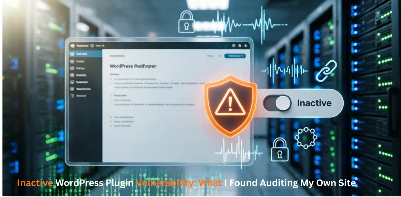 Inactive WordPress Plugin Vulnerability warning displayed on a WordPress dashboard with a deactivated plugin toggle and glowing orange security shield.