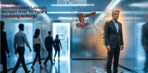 Meta Age Discrimination Lawsuit: an older executive dissolving into pixels while younger workers walk toward an AI office door