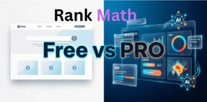 Rank Math Free vs PRO comparison graphic: free plugin website dashboard on the left, PRO analytics dashboard with AI tracking on the right