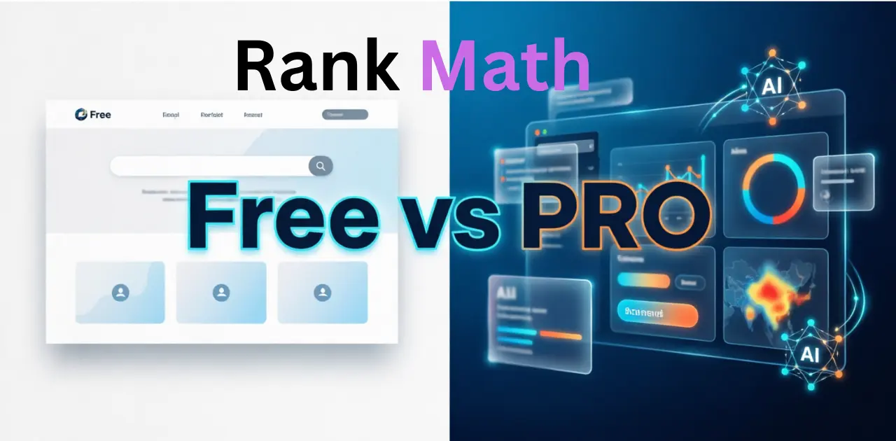 Rank Math Free vs PRO comparison graphic: free plugin website dashboard on the left, PRO analytics dashboard with AI tracking on the right