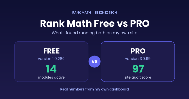 Rank Math Free vs PRO: version numbers and audit score from my own site
